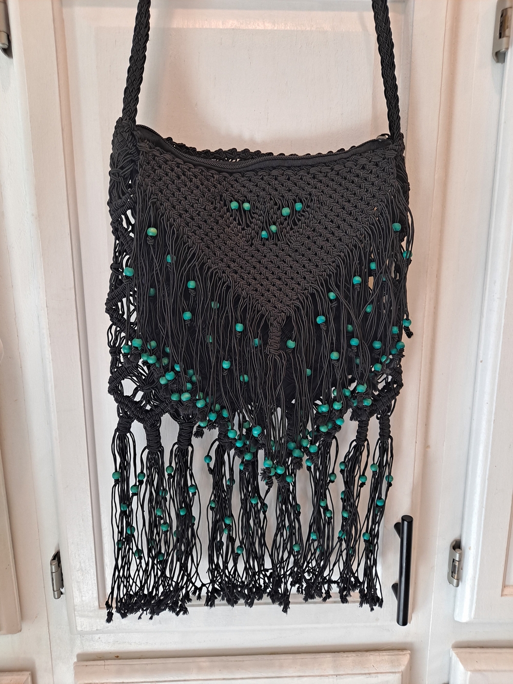 Rampage Black Macramé Crochet Woven Fringe Crossbody Bag Boho Teal Beads